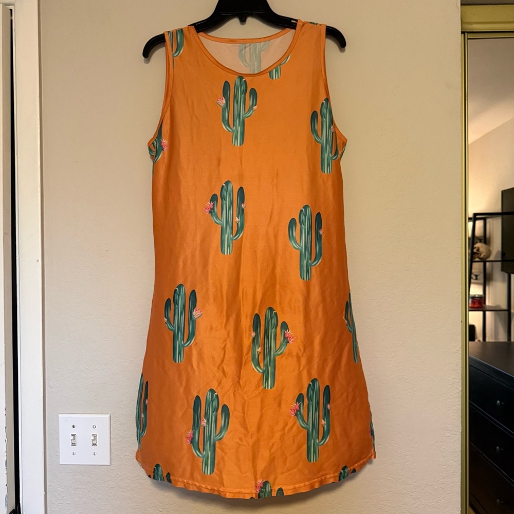 CACTUS DRESS Womens Pink Flower Green Cactus Orange Sleeveless Shift Mini Large
